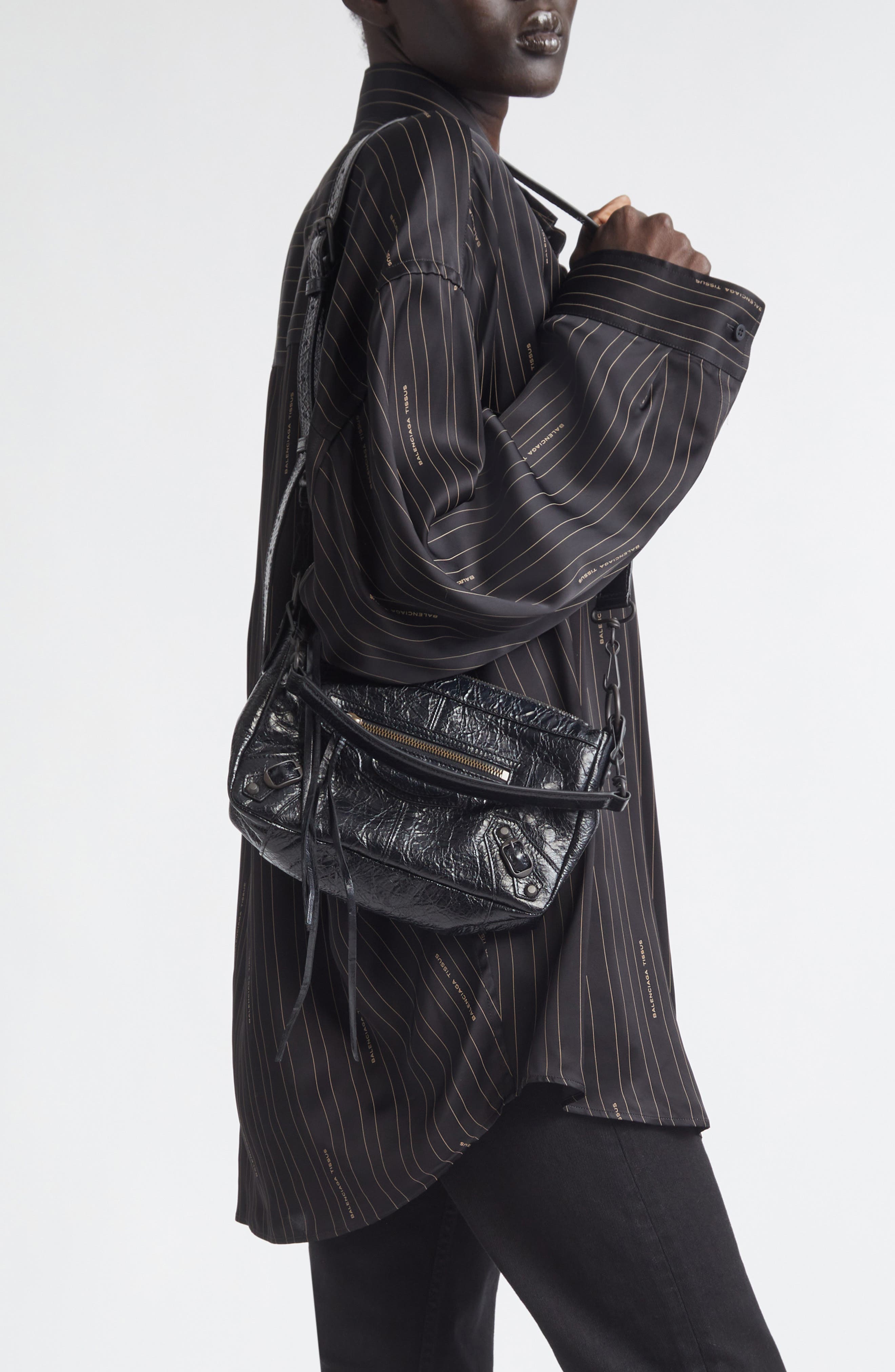 Balenciaga Mini Le City Moto Leather Shoulder Bag, Alternate, color, 1000 Black