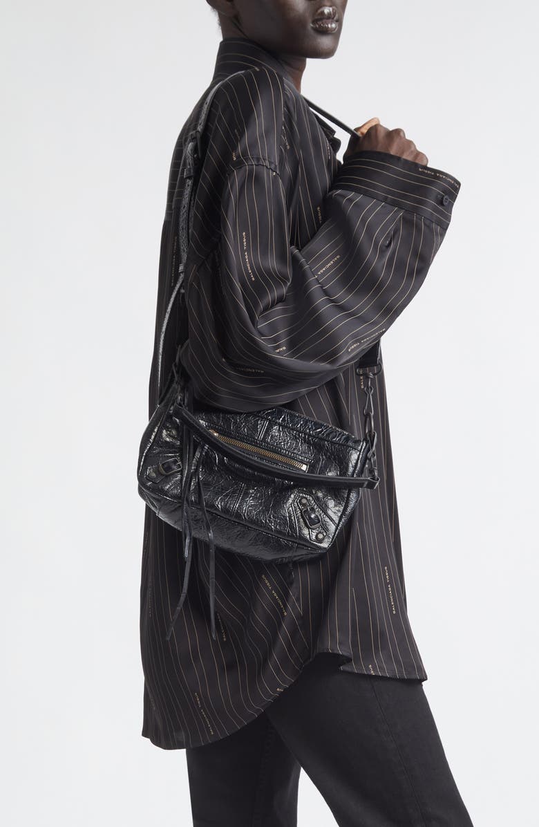 Balenciaga Mini Le City Moto Leather Shoulder Bag, Alternate, color, 1000 Black