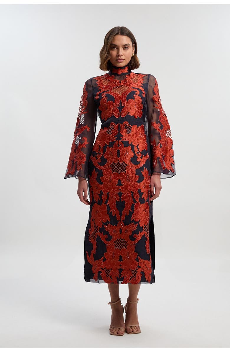 Karen Millen High Neck Embroidered Midi Dress, Main, color, Navy