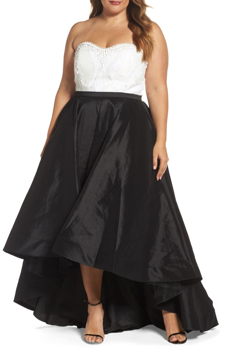 Mac Duggal Embellished Lace & Taffeta Strapless High-Low Gown, Main, color, 