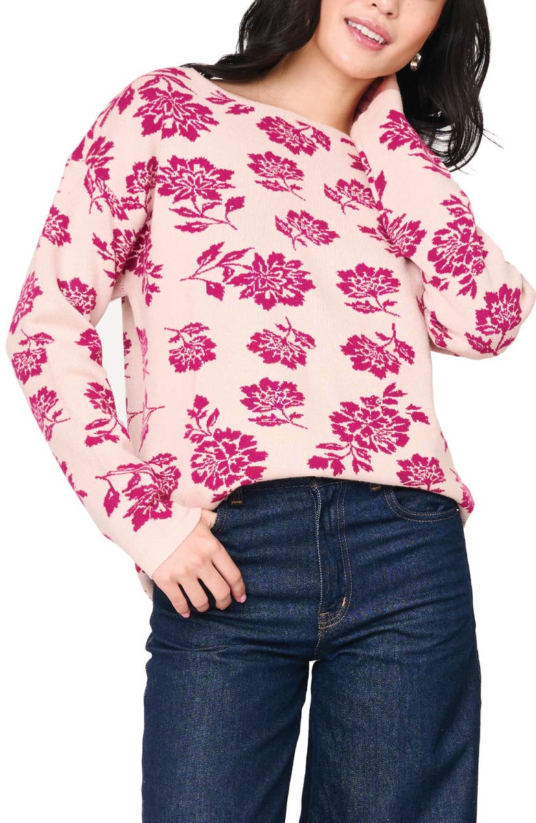 GIBSONLOOK Relaxed Fit Intarsia Sweater, Alternate, color, Cerise / Pink Smoke