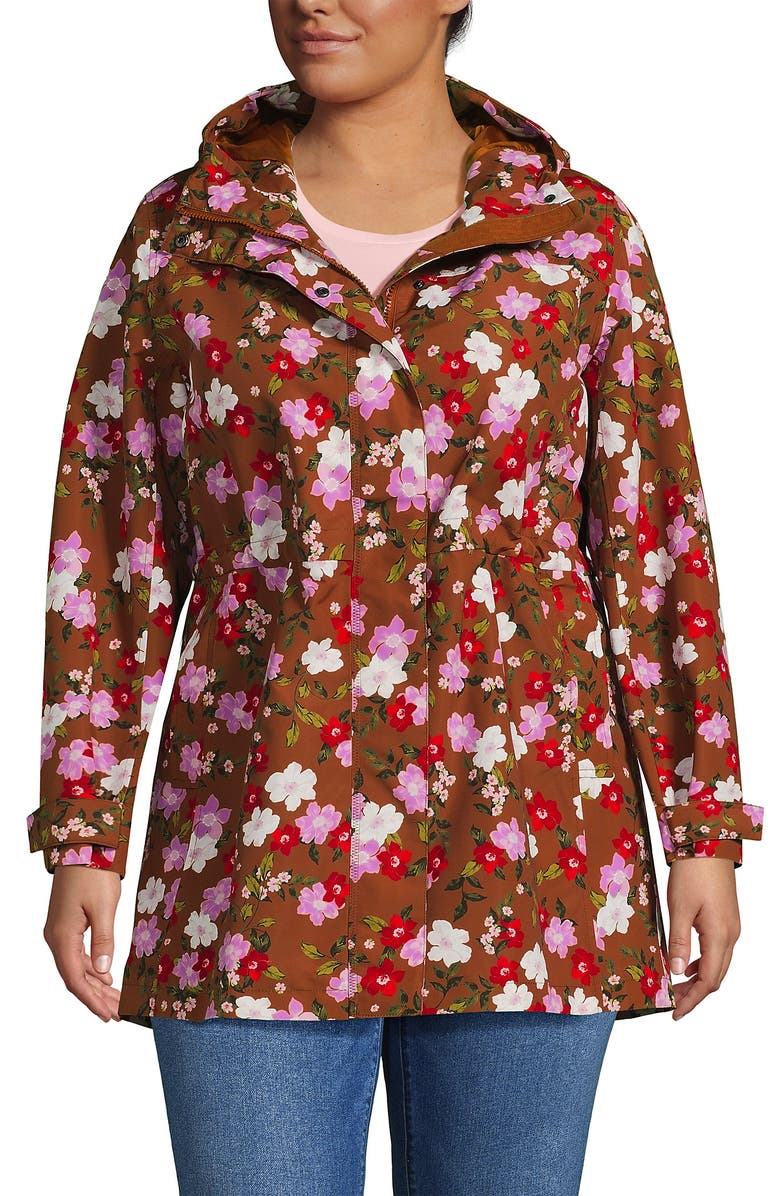 Lands
 End Squall Hooded Waterproof Raincoat, Main, color, Rich Ginger Brown Wild Roses