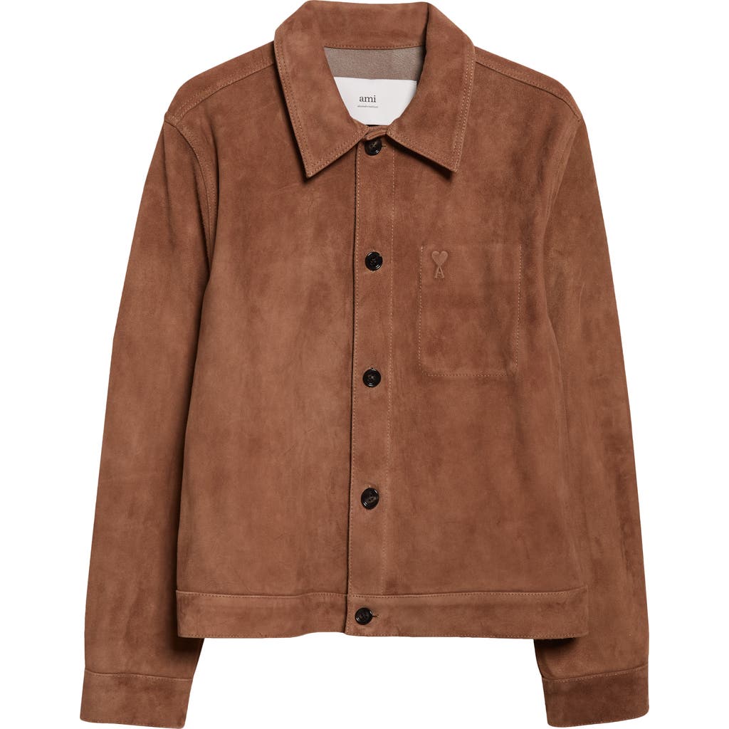 Ami Alexandre Mattiussi Mens Noisette Pointed-collar Embossed-logo Leather Jacket In Brown