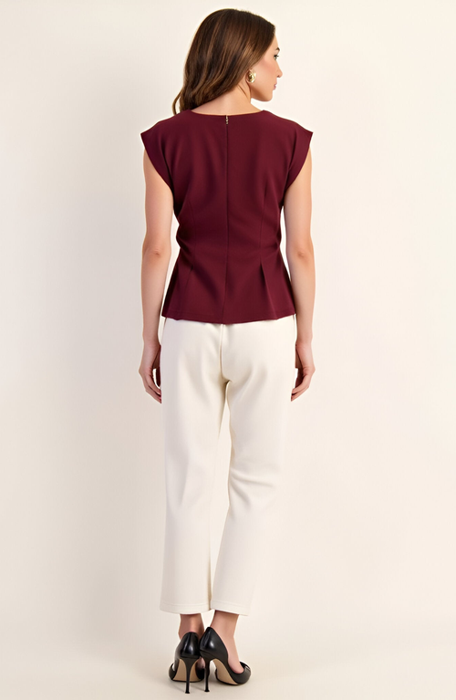Modenaire Cap Sleeve Peplum Top With Structured Pleats And Round Neck In Burgundy