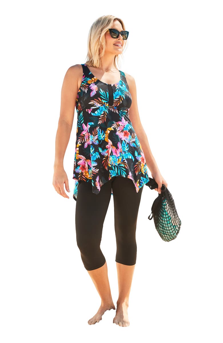 Swim 365 Longer-Length Handkerchief Hem Tankini Top, Main, color, Cabana Glow Tropical