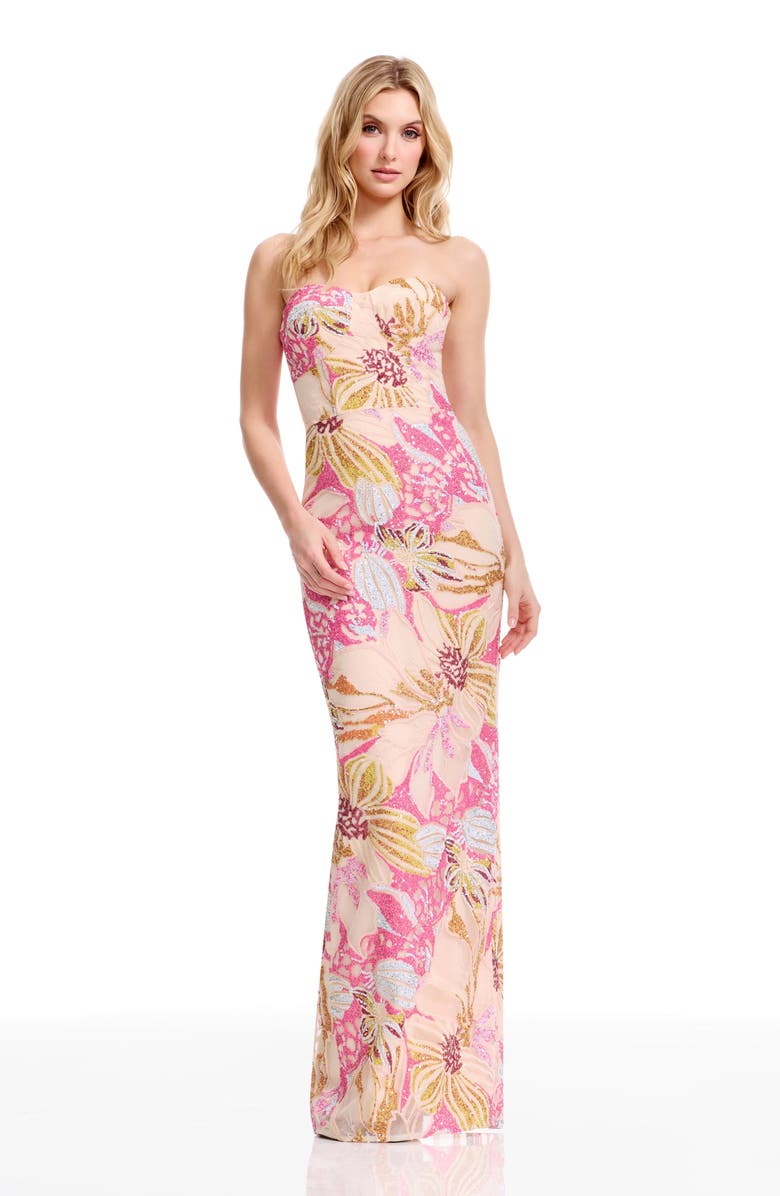 Dress the Population Vada Sequin Floral Strapless Gown, Alternate, color, 