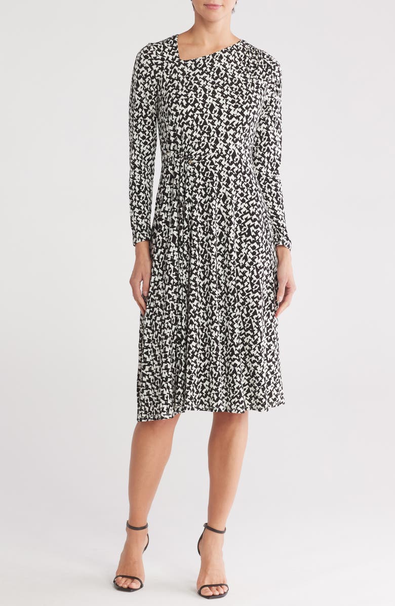 London Times Geo Print Asymmetric Neck Long Sleeve Dress, Main, color, 