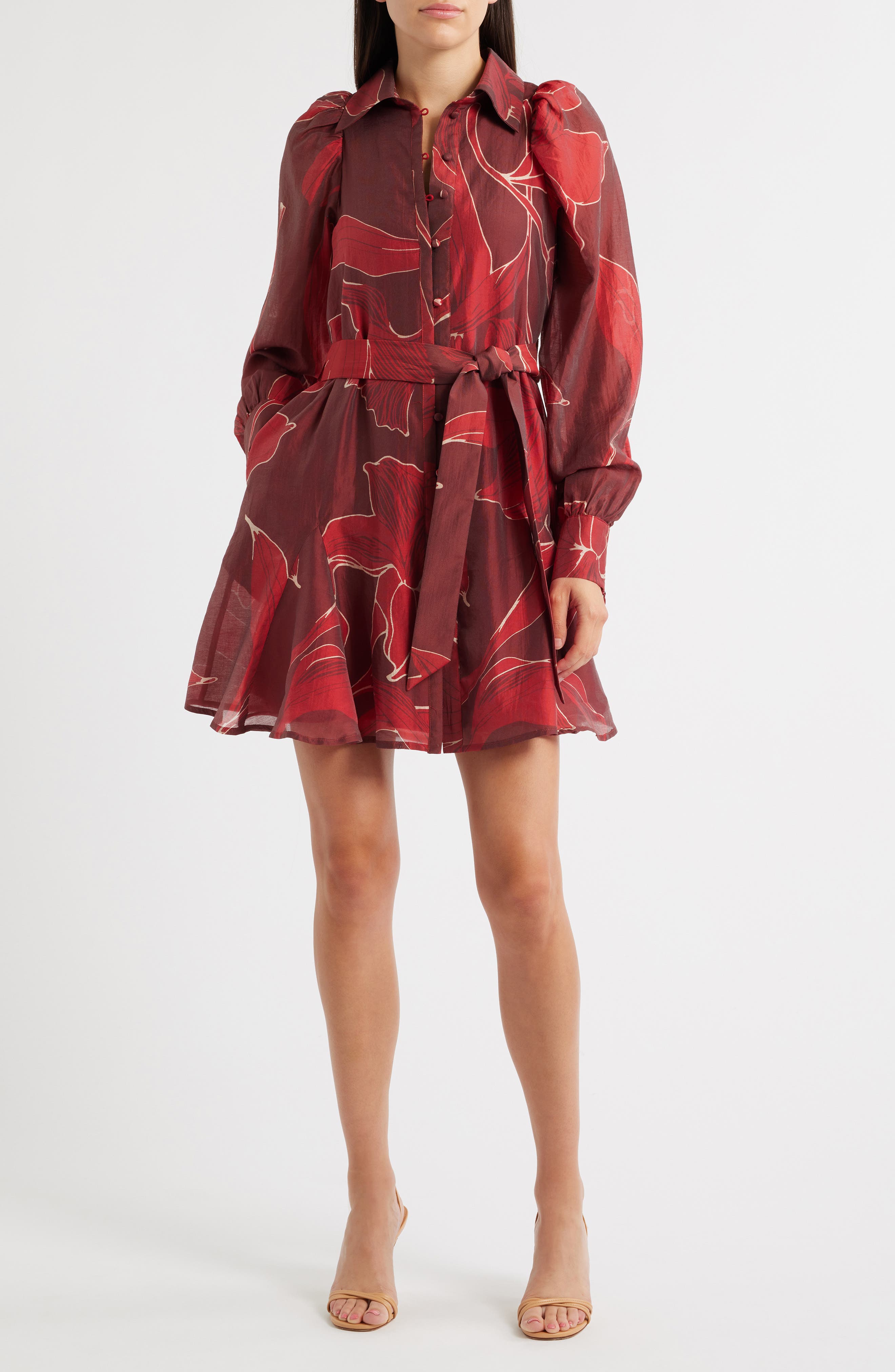CIEBON Silvie Long Sleeve Tie Belt Shirtdress in Burgundy/Red 