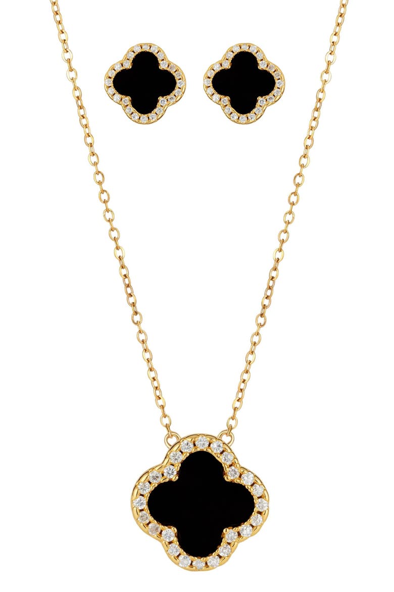Cubic Zirconia Halo Pendant Necklace & Stud Earrings Set, Main, color, BLACK/ GOLD