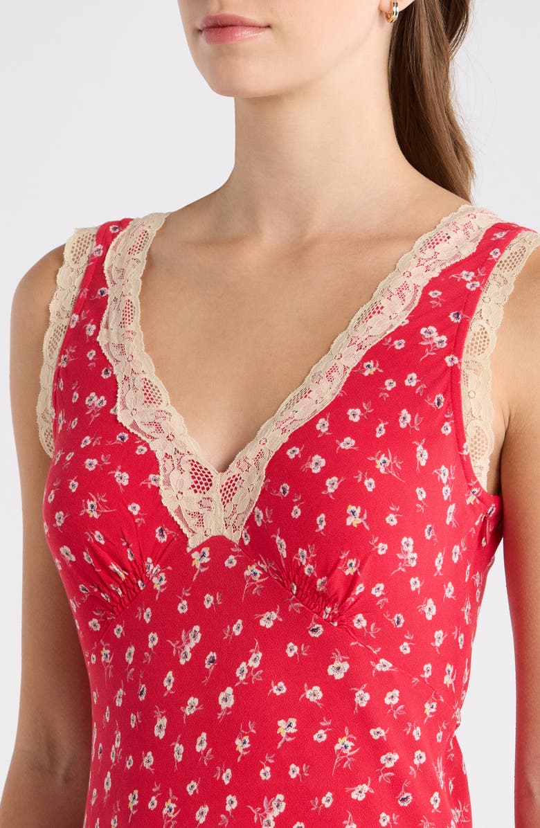 Lucky Brand Simone Lace Detail Ditsy Slipdress, Alternate, color, Red Ditsy