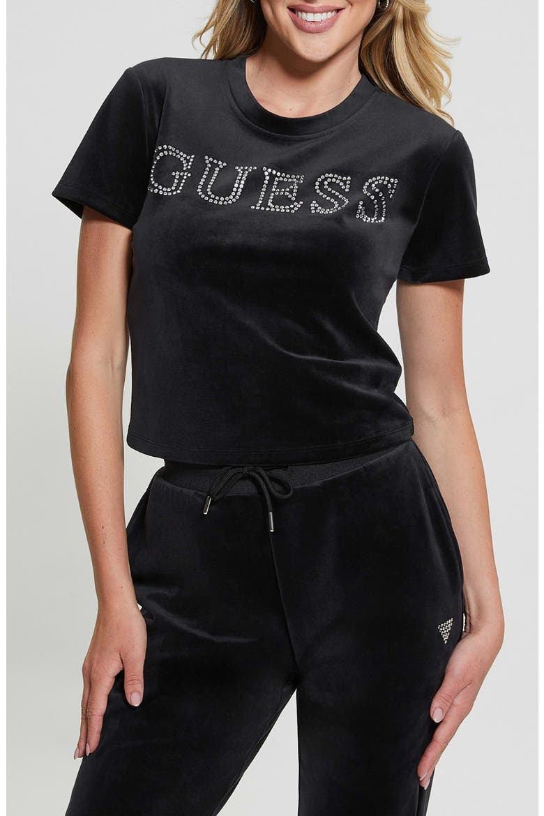 Couture Embellished Crop Velvet T-Shirt, Main, color, JET BLACK
