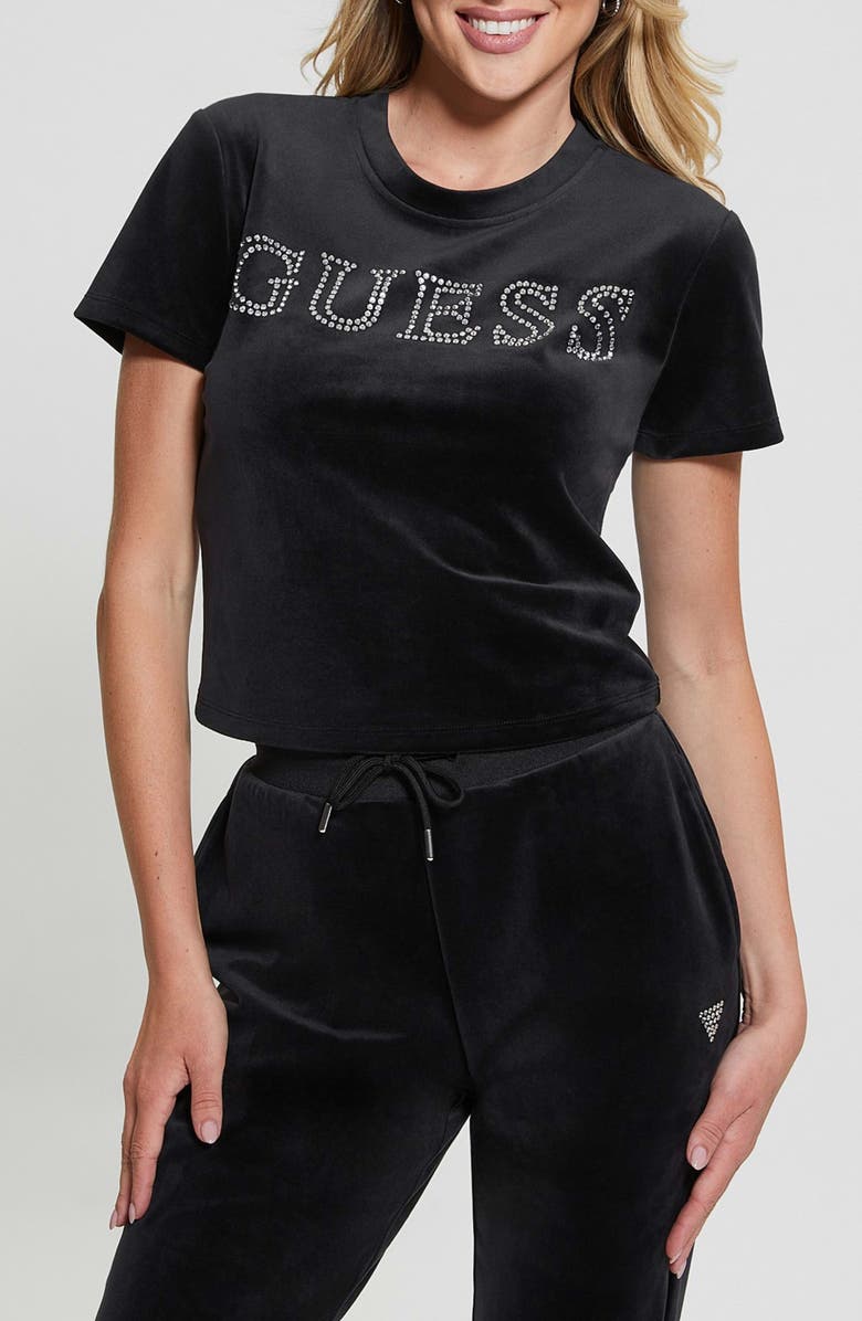 GUESS Couture Embellished Crop Velvet T-Shirt, Main, color, 