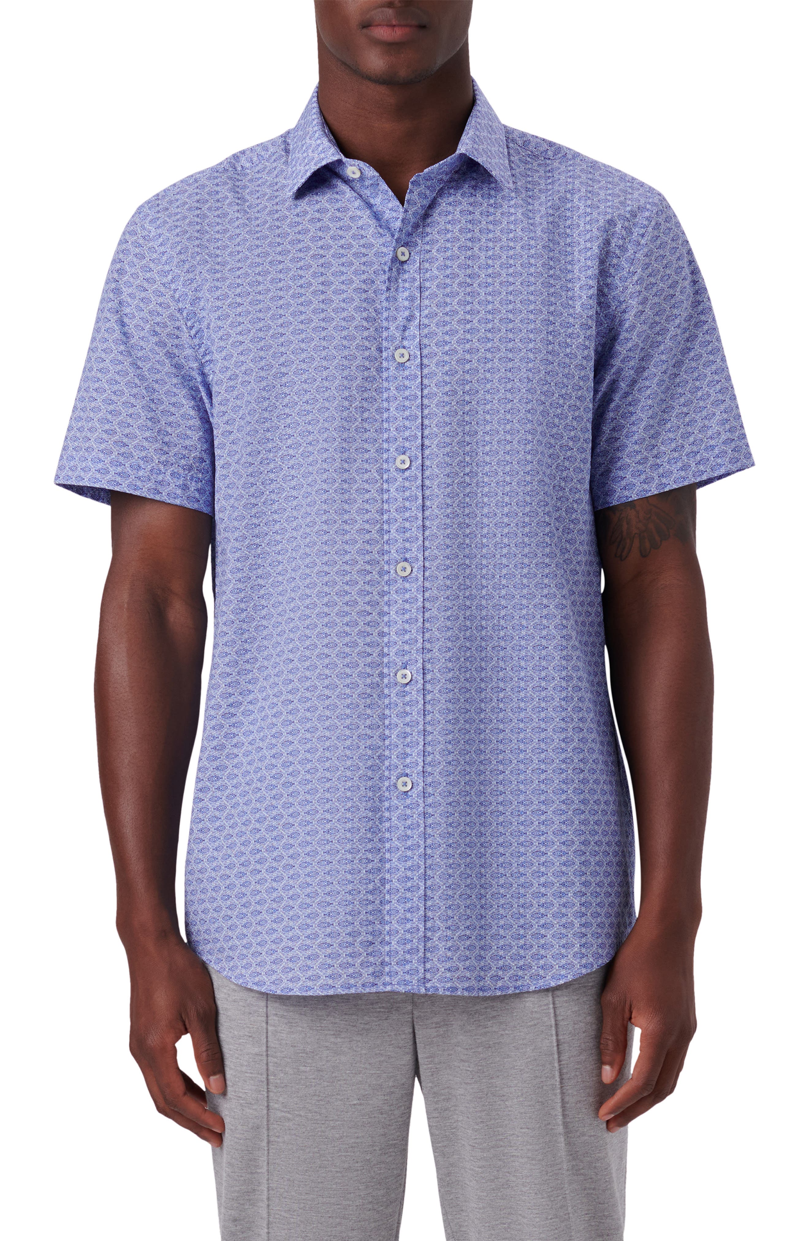 Bugatchi Classic Fit Print Cotton Short Sleeve Button-Up Shirt