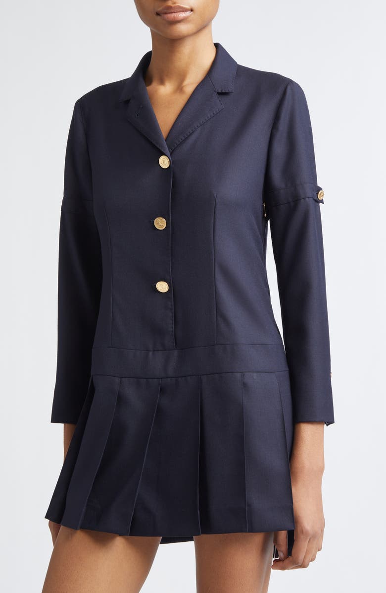 Thom Browne Long Sleeve Pleated Wool Blazer Dress, Alternate, color, Navy