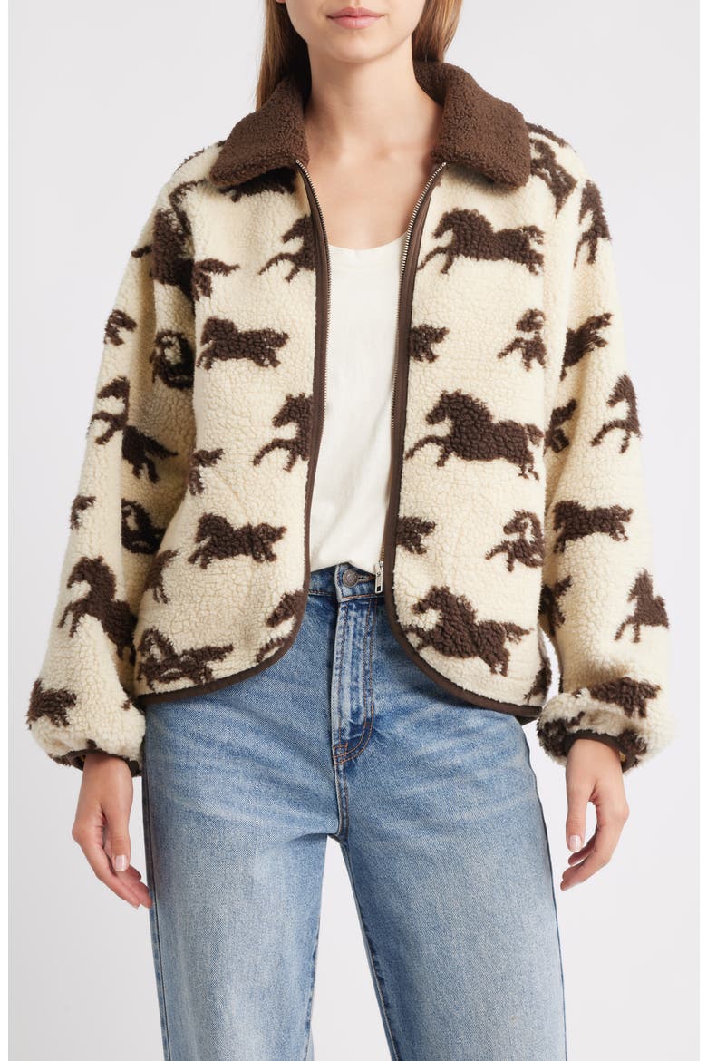 The Pasture Horse Print Fleece Jacket, Main, color, CREAM W/ HICKORY