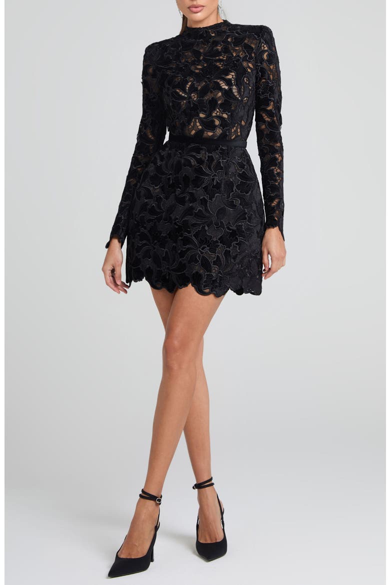 Lydia Long Sleeve Lace Overlay Cocktail Minidress, Main, color, BLACK