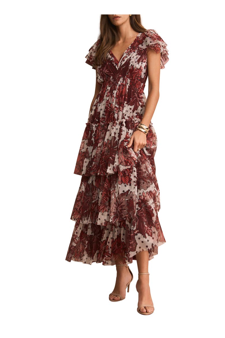 Floral Print Tulle Midi Dress, Alternate, color, Red