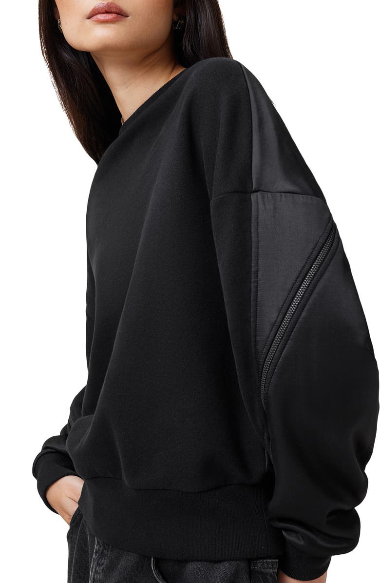 AllSaints Zipper Accent Shirred Cotton Sweatshirt, Alternate, color, 