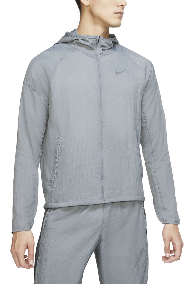 Essential Water Repellent Nylon Running Jacket, Main, color, SMOKE GREY/ SILVER