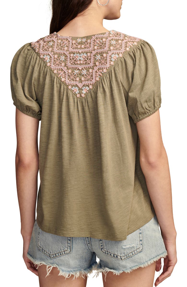 Lucky Brand Embroidered Split Neck Top, Alternate, color, Dusty Olive