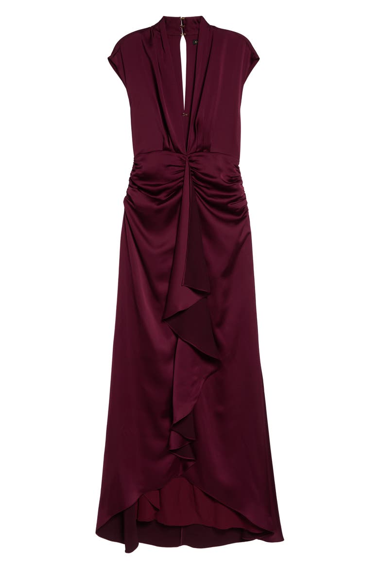 Catrin Plunge Neck Center Ruched Satin Gown, Alternate, color, CRANBERRY