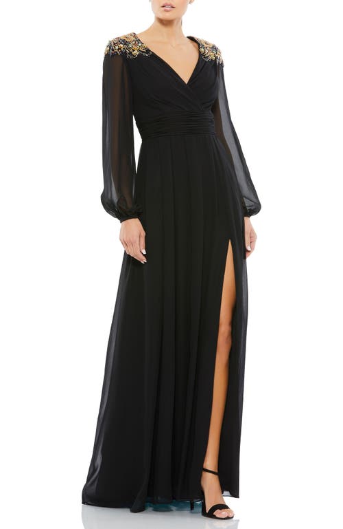 Mac Duggal Embellished Shoulder Blouson Sleeve Evening Gown In Black Gold