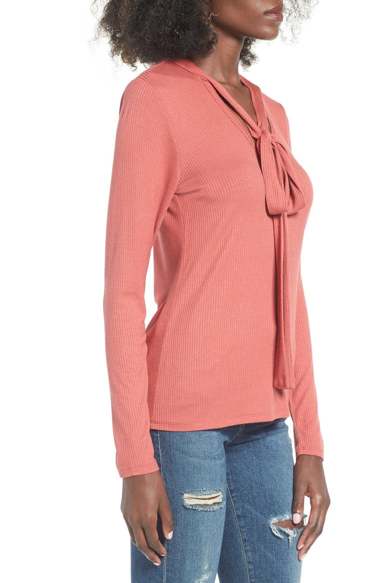 Ribbed Tie Neck Top, Alternate, color, AUBURN