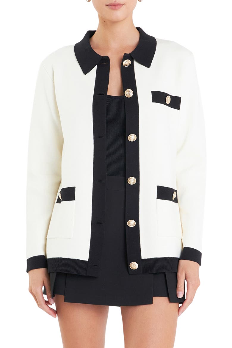 Contrast Edge Collared Cardigan, Main, color, WHITE/ BLACK
