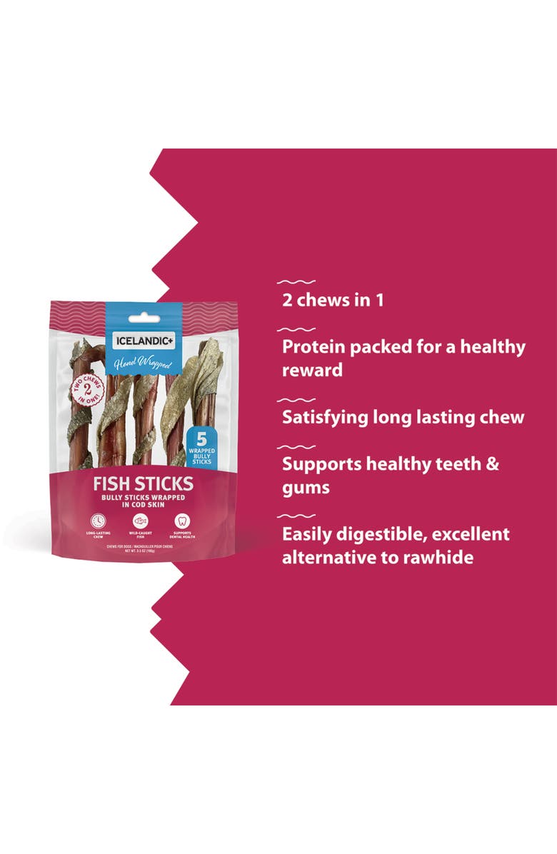 ICELANDIC+ Fish Sticks - Bully Stick Wrapped In Cod Skin 5 Pack, 6" - Dog Treats, Alternate, color, Multicolored