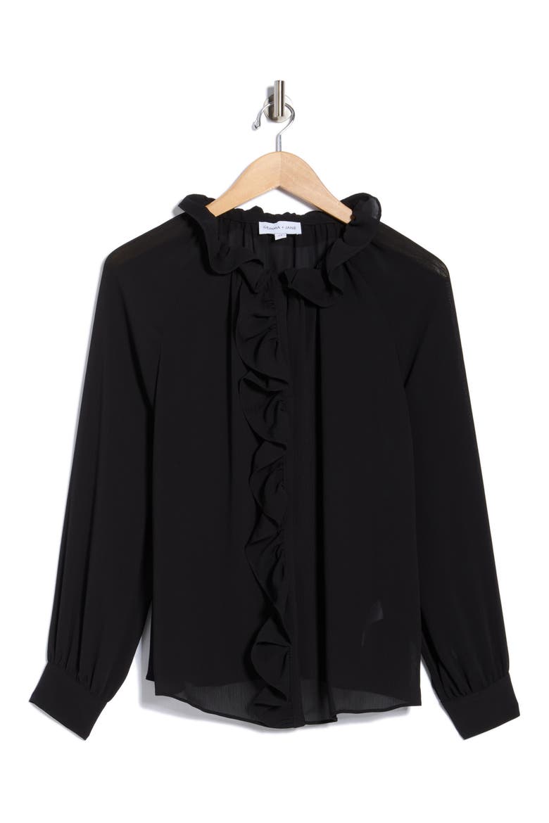 Ruffle Long Sleeve Top, Alternate, color, BLACK