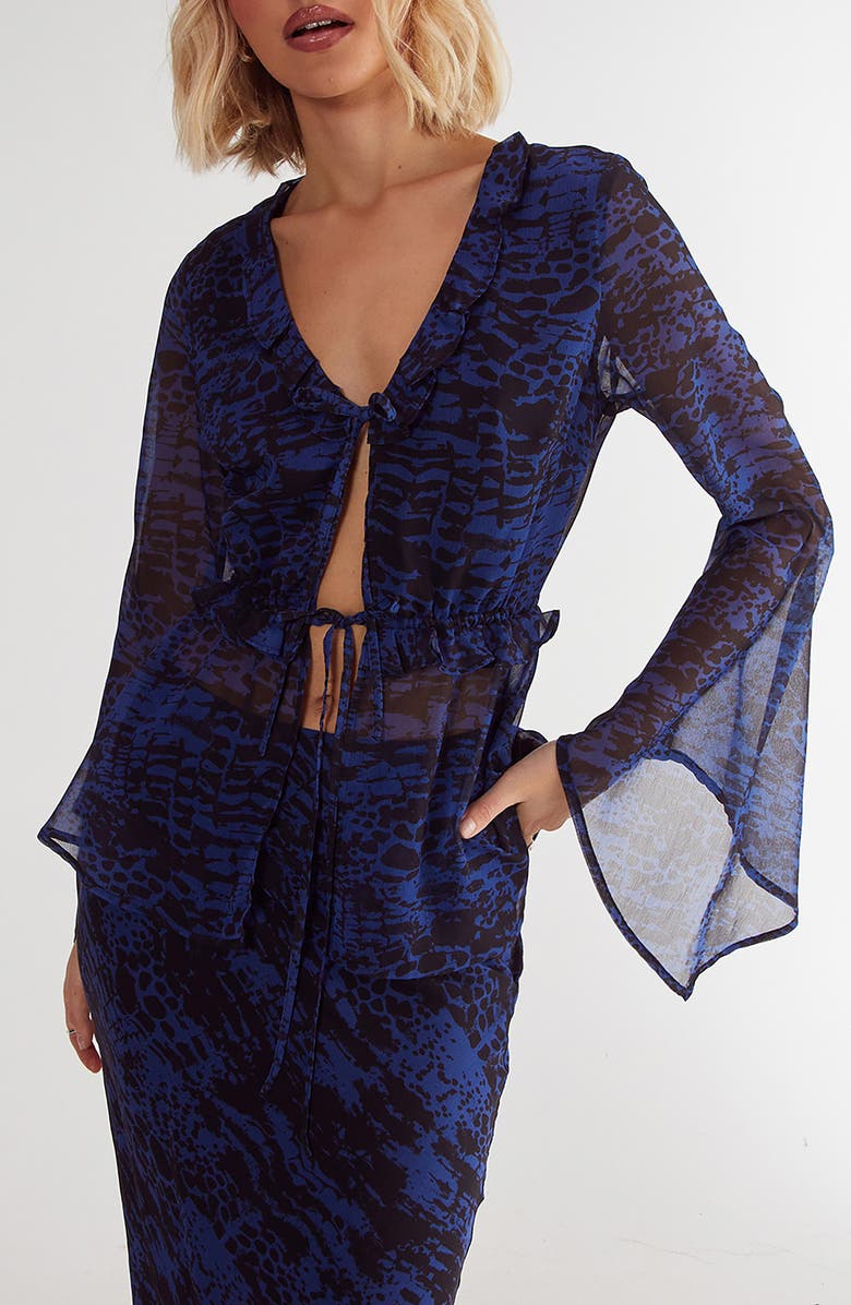 NASTY GAL Snakeskin Print Ruffle Chiffon Top, Main, color, Blue