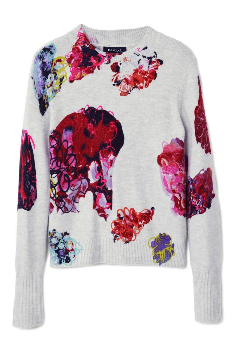 Maxflower Scribble Print Floral Crewneck Sweater, Alternate, color, BLUE