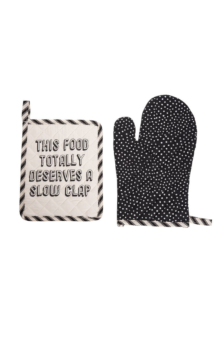 Slow Clap Pot Holder & Oven Mitt Set of 2 Cotton Black, Main, color, Black
