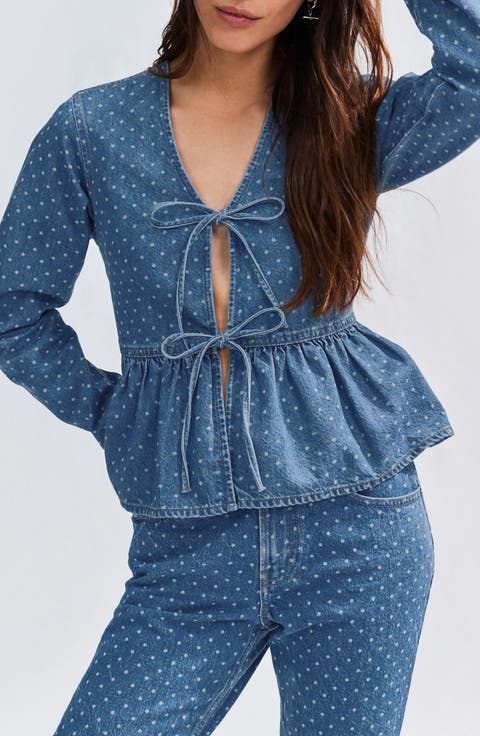 Polka Dot Tie Front Peplum Denim Top
