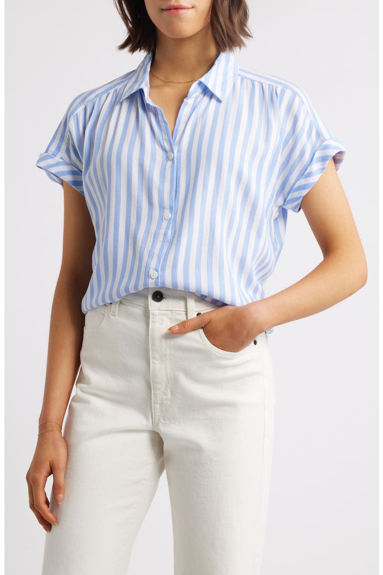 Daria Stripe Short Sleeve Button-Up Shirt, Main, color, NEW GLACIER