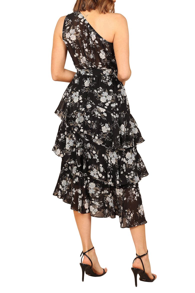 Brigette Floral One-Shoulder Tiered Midi Dress, Alternate, color, BLACK FLORAL