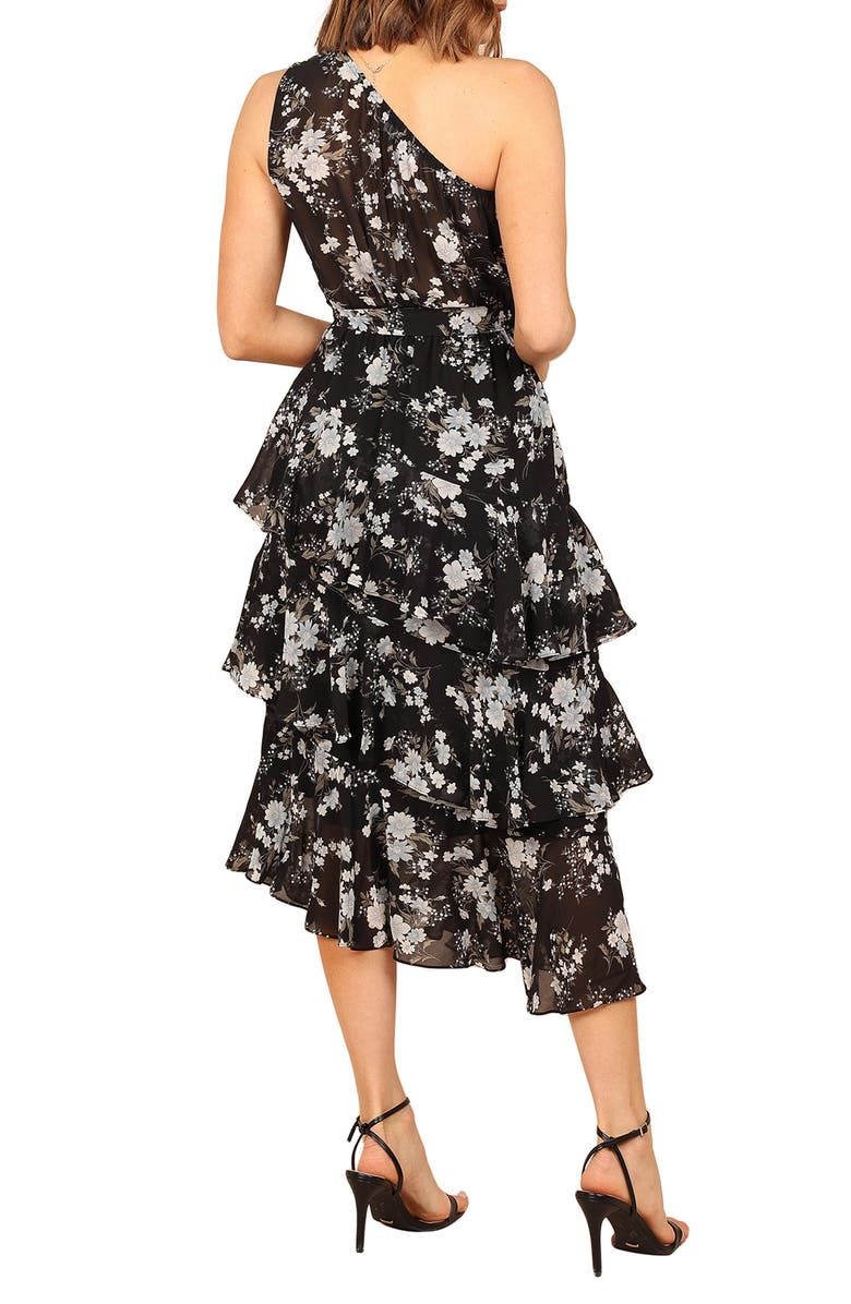 Petal & Pup Brigette Floral One-Shoulder Tiered Midi Dress, Alternate, color, Black Floral