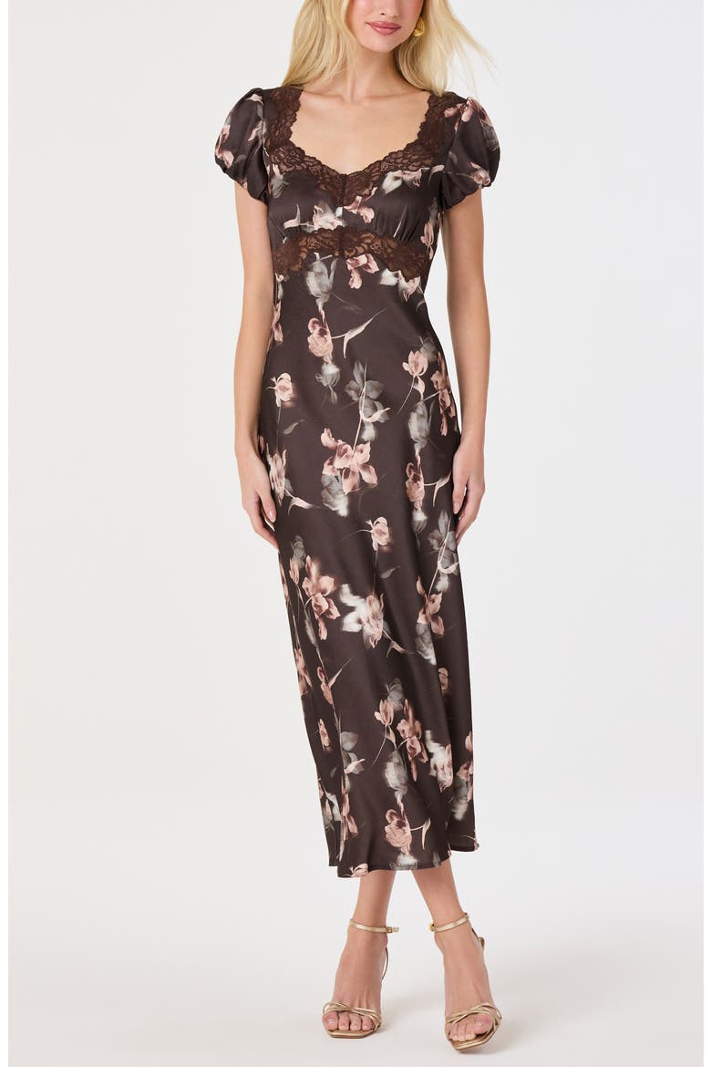 Almandina Floral Print Lace Trim Maxi Dress, Alternate, color, BROWN FLORAL