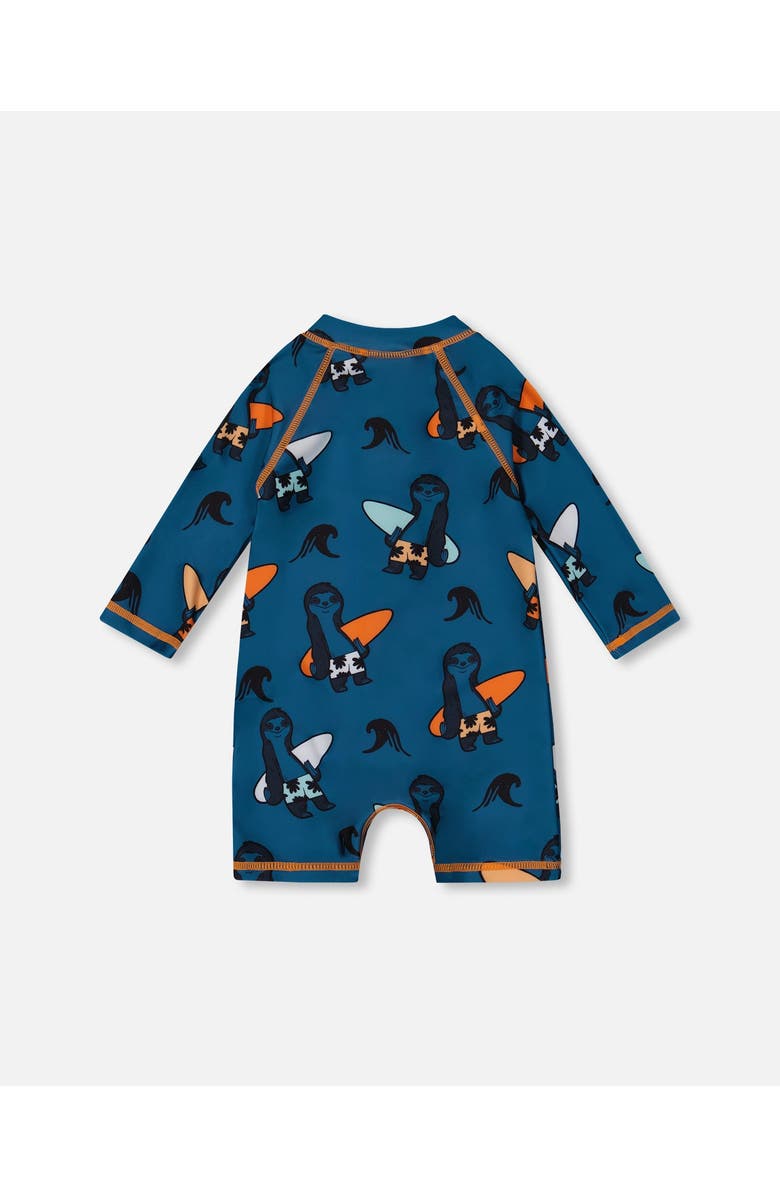 Deux par Deux Baby Boy's Printed Long Sleeve One-Piece Rashguard Orange Sloths On Navy Blue, Alternate, color, 