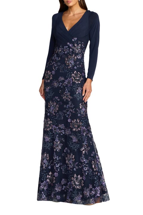 Petite Floral Embroidered Jersey Long Sleeve Gown
