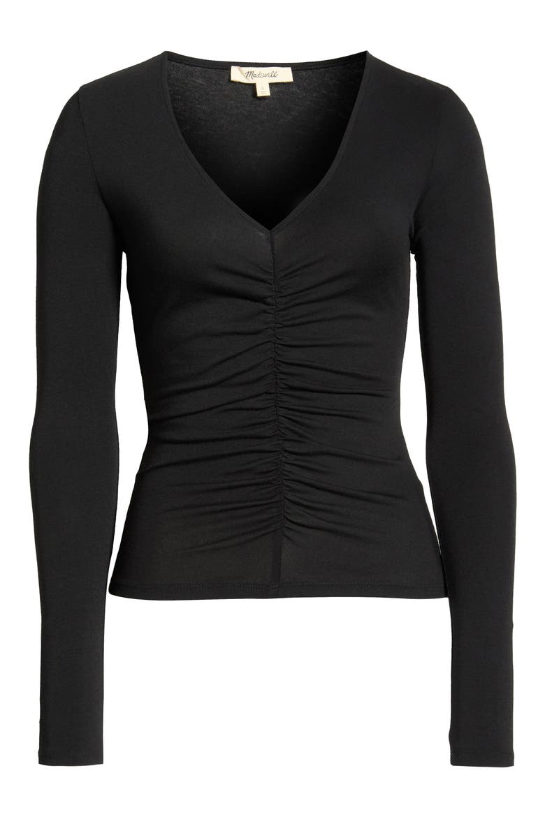 Shirred V-Neck Long Sleeve Top, Main, color, JET BLACK
