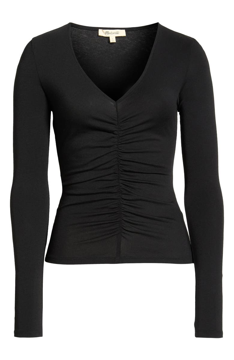 Madewell Shirred V-Neck Long Sleeve Top, Main, color, Jet Black