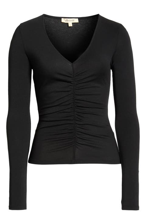 Shirred V-Neck Long Sleeve Top