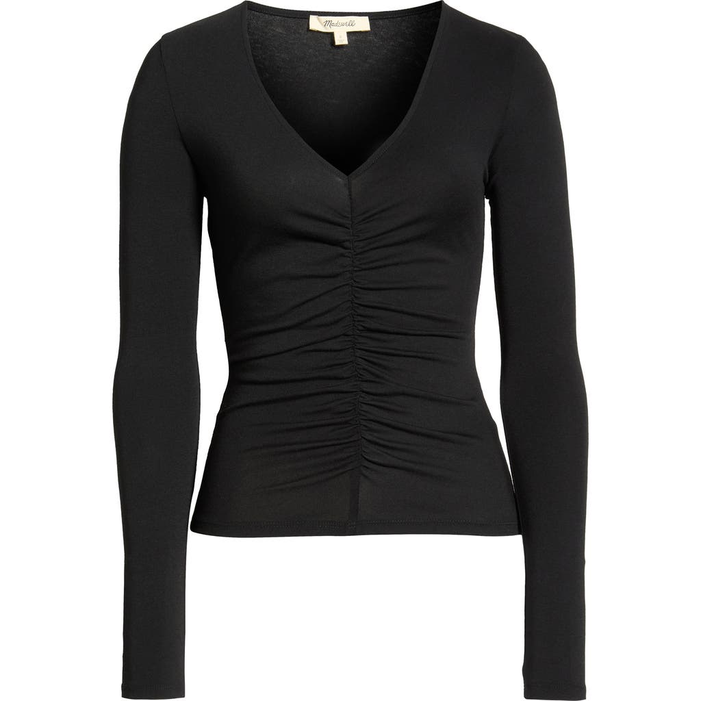 Madewell Shirred V-neck Long Sleeve Top In Black