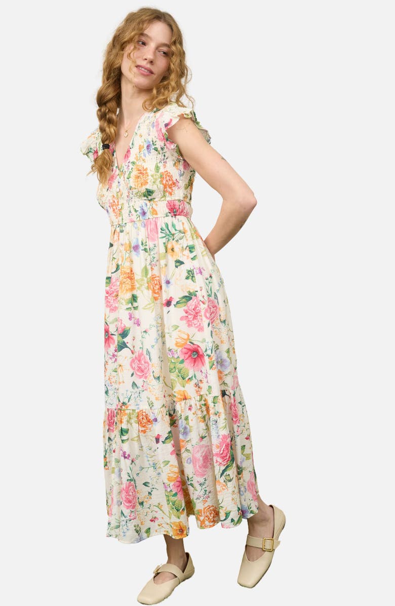 AUGUST SKY Smocked Midi Dress, Alternate, color, Cream Multi