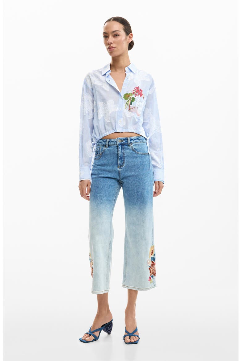 Floral Print Drawstring Crop Button-Up Top, Alternate, color, BLUE