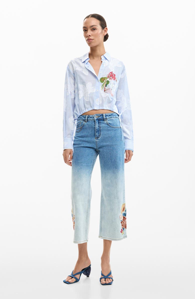 Desigual Floral Print Drawstring Crop Button-Up Top, Alternate, color,