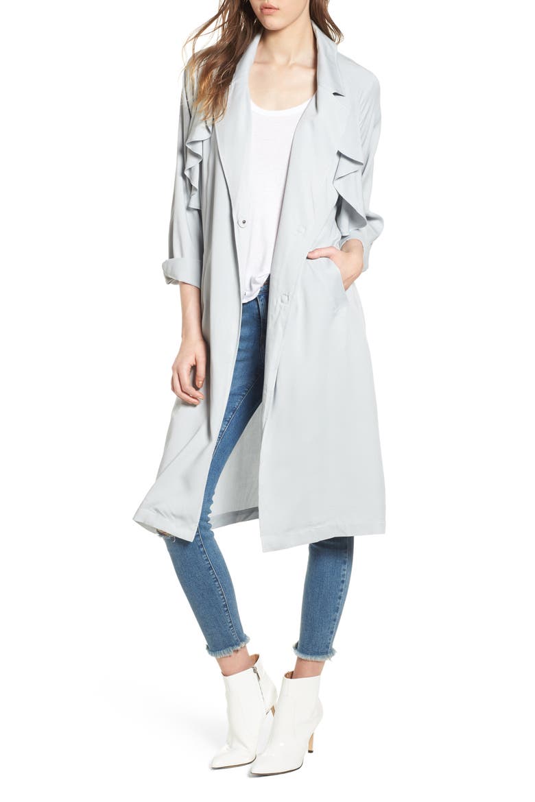 Ruffle Trim Trench Coat, Main, color, BLUE PEARL