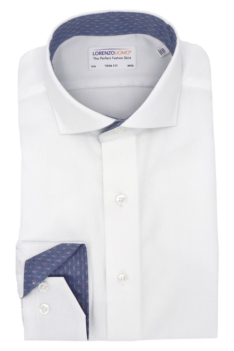 Solid Textured Trim Fit Dress Shirt, Main, color, WHITE