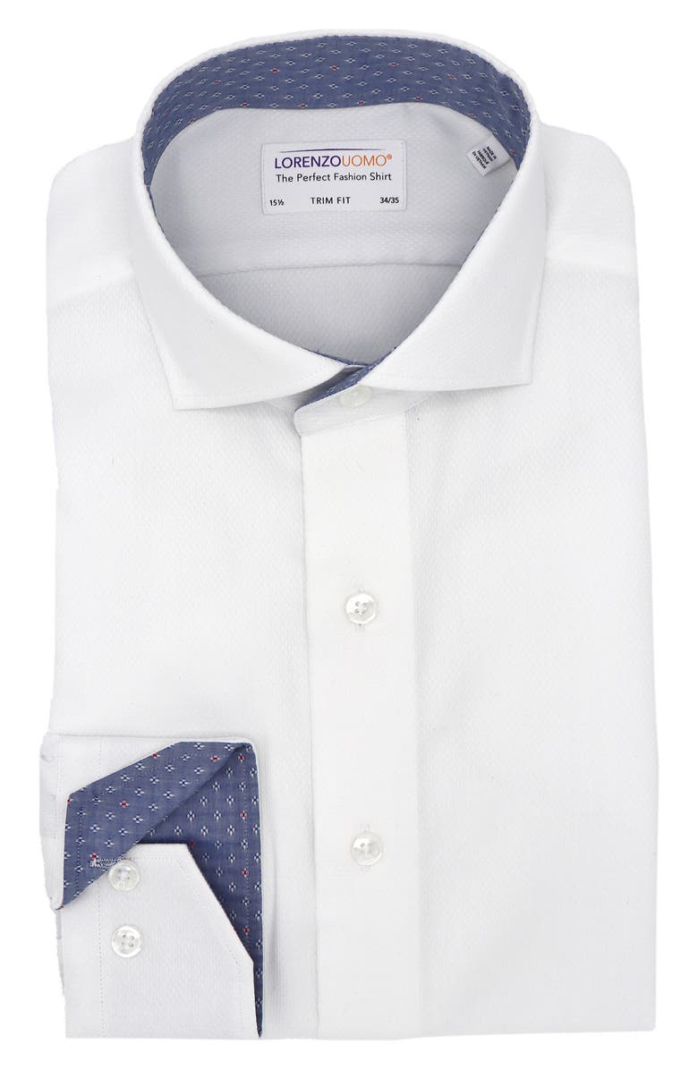 Lorenzo Uomo Solid Textured Trim Fit Dress Shirt, Main, color, White